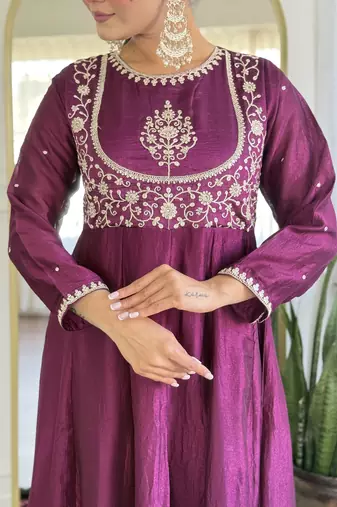 Women's  Embroidery Vichitra Silk Flared Kurta Pant with Dupatta Set