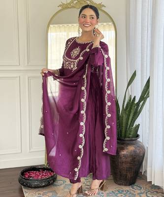 Women's  Embroidery Vichitra Silk Flared Kurta Pant with Dupatta Set 4