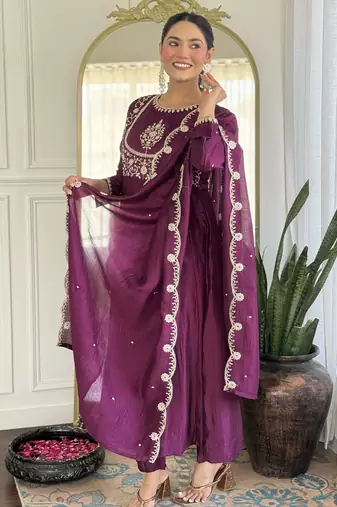 Women's  Embroidery Vichitra Silk Flared Kurta Pant with Dupatta Set