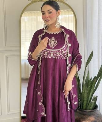 Women's  Embroidery Vichitra Silk Flared Kurta Pant with Dupatta Set 5