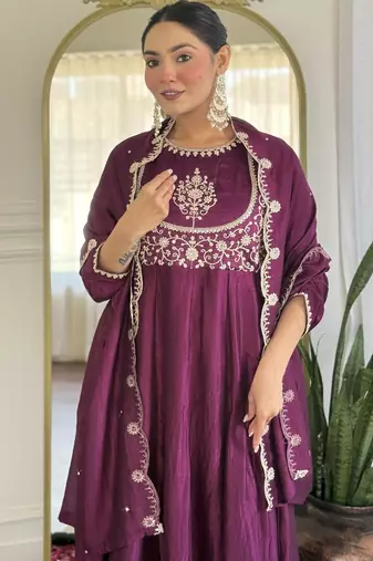 Women's  Embroidery Vichitra Silk Flared Kurta Pant with Dupatta Set