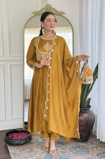Women's Gorgeous Embroidery Vichitra Silk Fabric Flared Kurta Pant with Dupatta Set