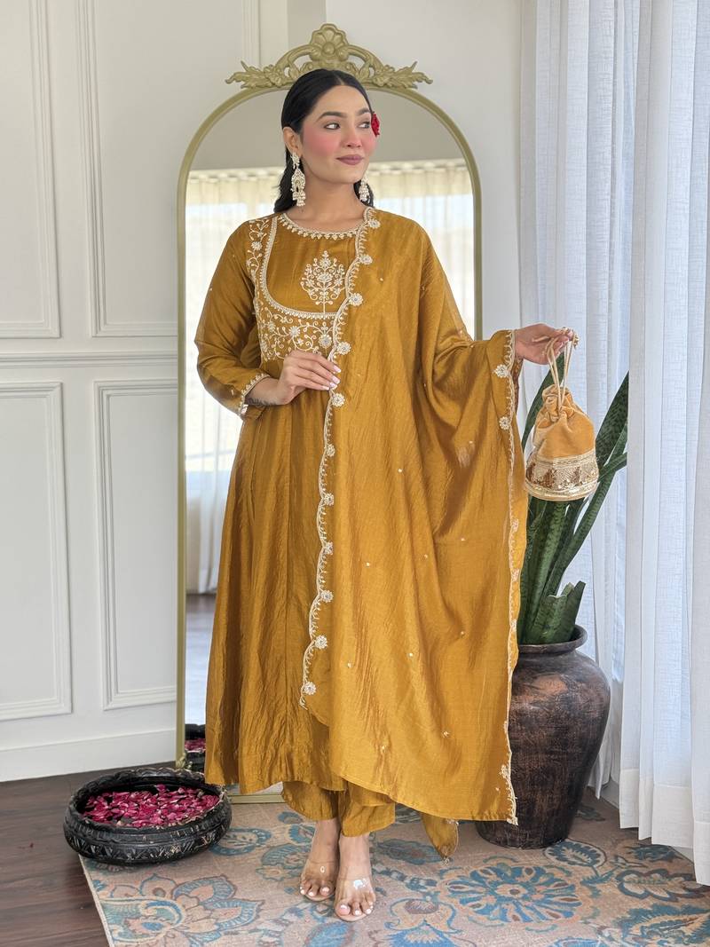 Women's Gorgeous Embroidery Vichitra Silk Fabric Flared Kurta Pant with Dupatta Set