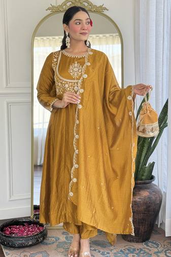 Women's Gorgeous Embroidery Vichitra Silk Fabric Flared Kurta Pant with Dupatta Set