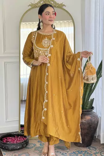 Women's Gorgeous Embroidery Vichitra Silk Fabric Flared Kurta Pant with Dupatta Set