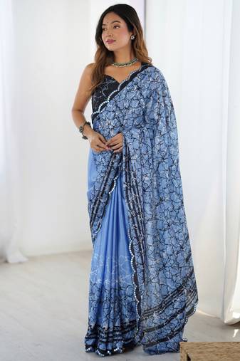 Light blue chinon printed party wear saree