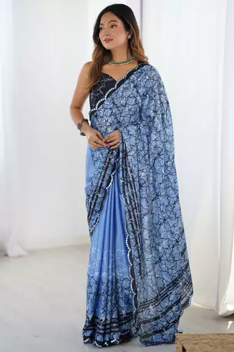 Light blue chinon printed party wear saree