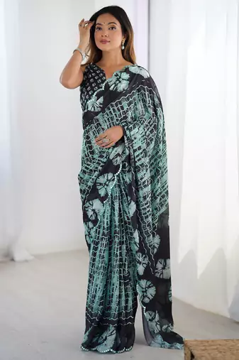 Multi color chinon printed party wear saree