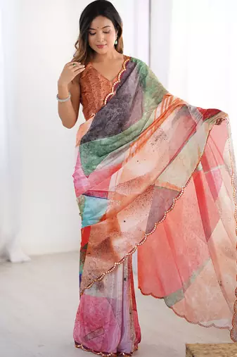 Multi color chinon printed party wear saree