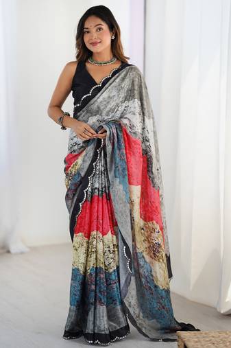 Multi color chinon printed party wear saree