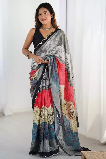Multi color chinon printed party wear saree