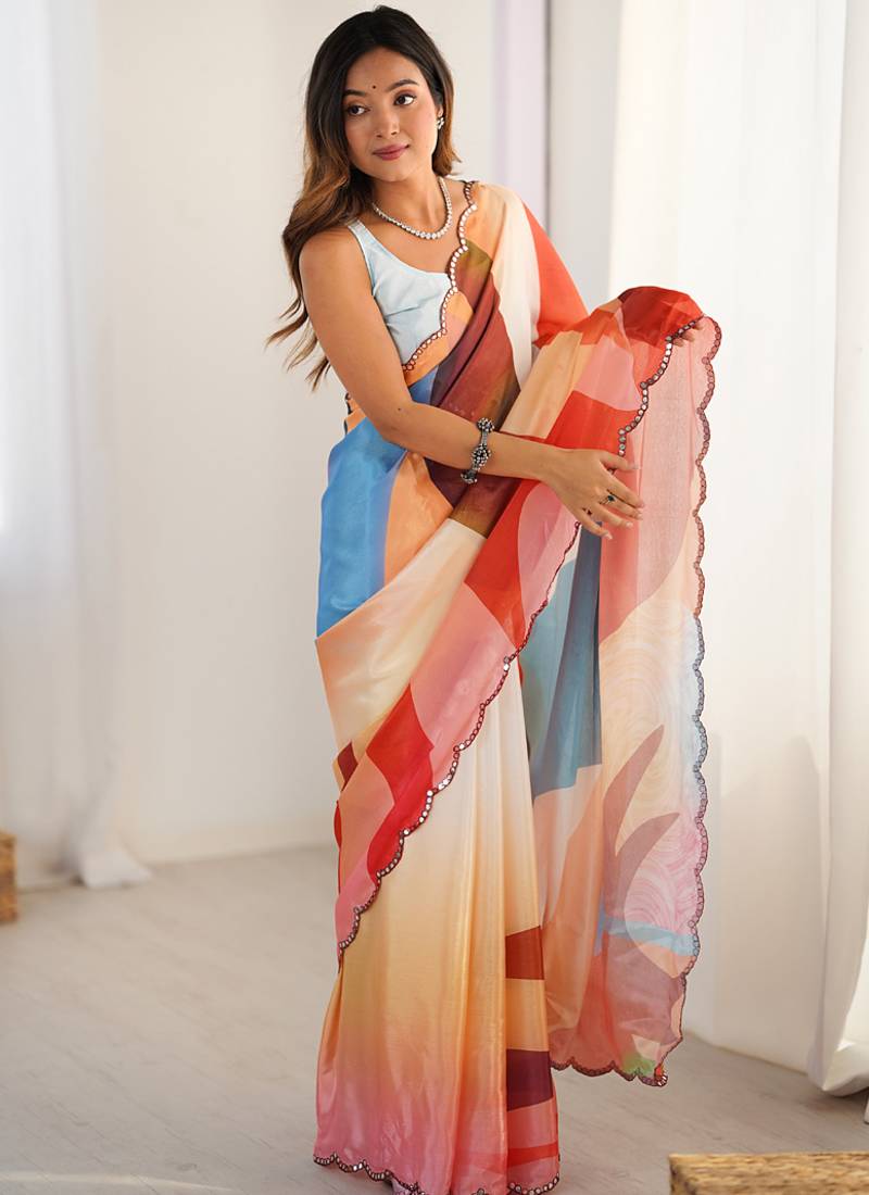 Multi color chinon printed party wear saree