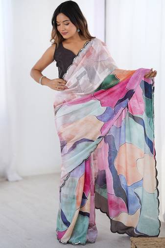 Multi color chinon printed party wear saree
