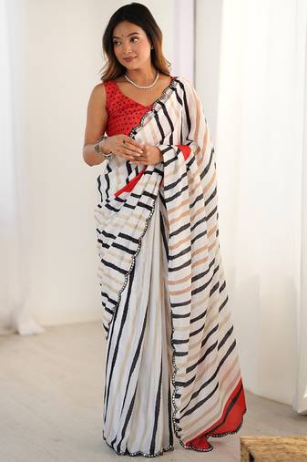 Off white chinon printed party wear saree
