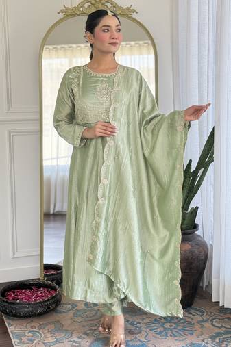 Women's Gorgeous Embroidery Vichitra Silk Fabric Flared Kurta Pant with Dupatta Set