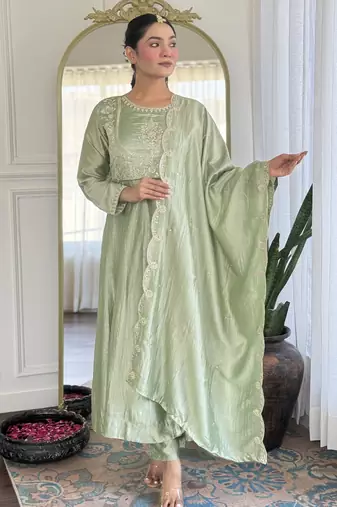 Women's Gorgeous Embroidery Vichitra Silk Fabric Flared Kurta Pant with Dupatta Set