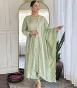 Women's Gorgeous Embroidery Vichitra Silk Fabric Flared Kurta Pant with Dupatta Set