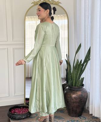 Women's  Embroidery Vichitra Silk Flared Kurta Pant with Dupatta Set 2
