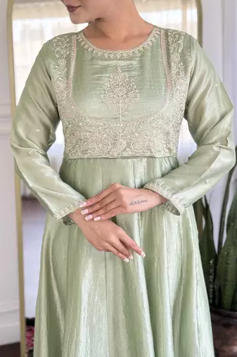 Women's  Embroidery Vichitra Silk Flared Kurta Pant with Dupatta Set