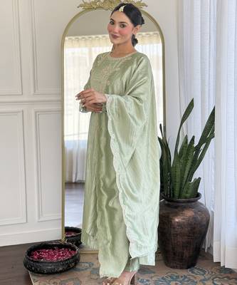 Women's  Embroidery Vichitra Silk Flared Kurta Pant with Dupatta Set 5