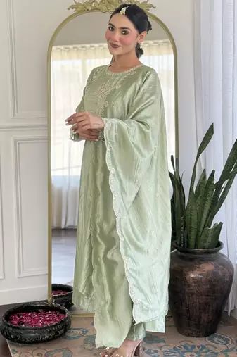 Women's  Embroidery Vichitra Silk Flared Kurta Pant with Dupatta Set