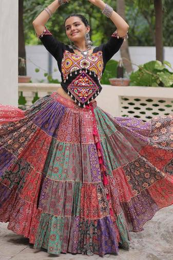 multi color cotton digital printed navratri crop top lehenga