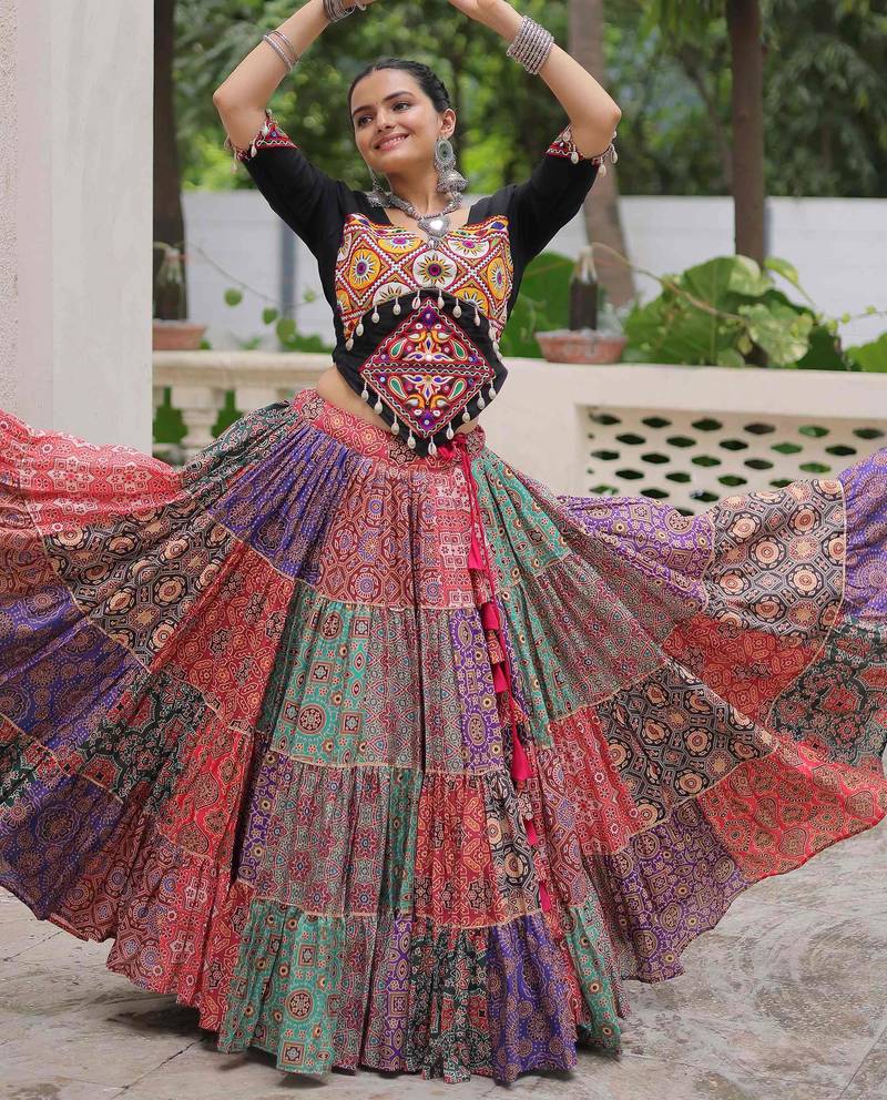 multi color cotton digital printed navratri crop top lehenga