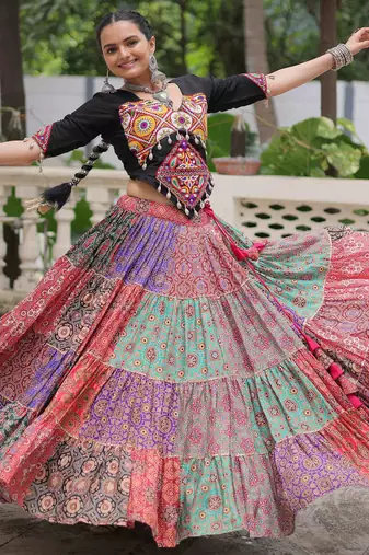 multi color cotton digital printed navratri crop top lehenga