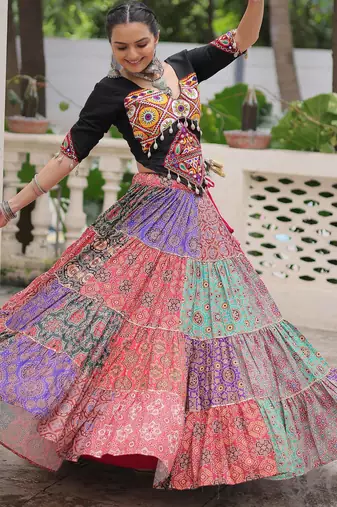 multi color cotton digital printed navratri crop top lehenga