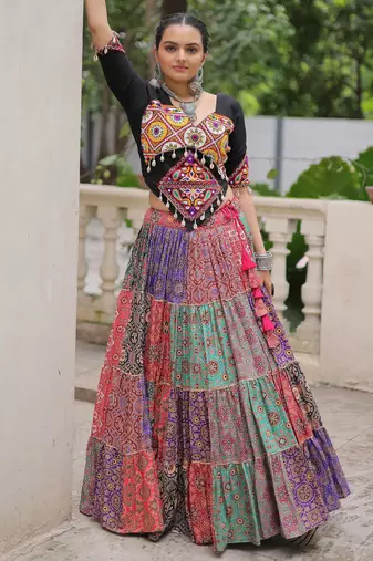 multi color cotton digital printed navratri crop top lehenga