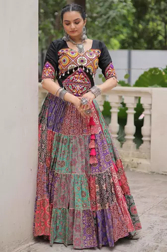 multi color cotton digital printed navratri crop top lehenga