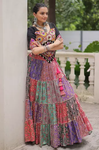 multi color cotton digital printed navratri crop top lehenga