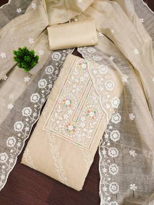 Women's beige thread embroidery chanderi cotton dress material 1