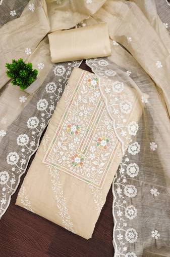 Women's beige unstitched thread embroidery chanderi cotton dress material (cp9101bge)