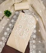 Women's beige thread embroidery chanderi cotton dress material
