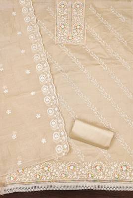 Women's beige thread embroidery chanderi cotton dress material 2