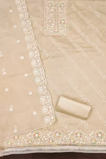 Women's beige thread embroidery chanderi cotton dress material