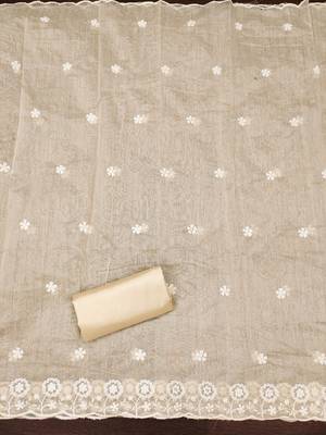 Women's beige thread embroidery chanderi cotton dress material 4