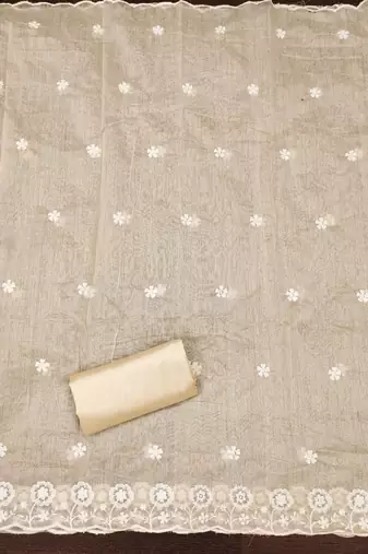 Women's beige thread embroidery chanderi cotton dress material