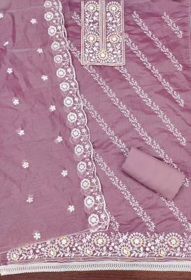 Women's levender thread embroidery chanderi cotton dress material 1