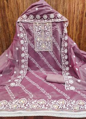 Women's levender thread embroidery chanderi cotton dress material 2