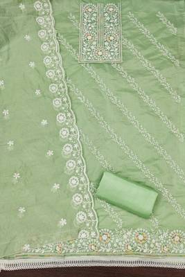 Women's light green thread embroidery chanderi cotton dress material 1
