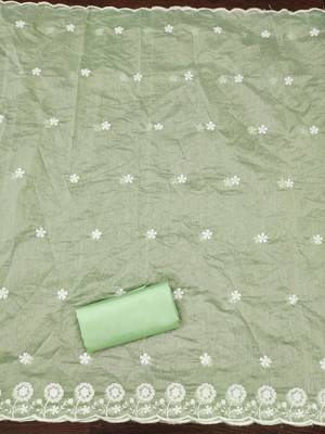 Women's light green thread embroidery chanderi cotton dress material 3