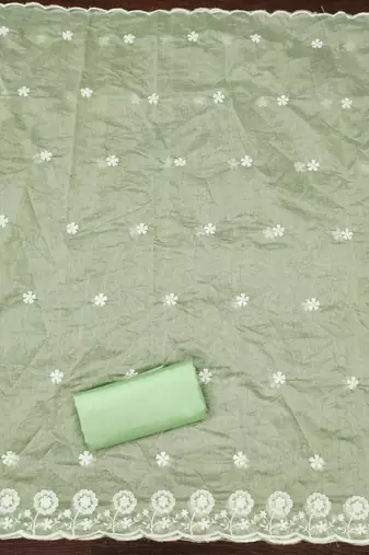Women's light green thread embroidery chanderi cotton dress material