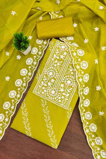 Women's mehandi unstitched thread embroidery chanderi cotton dress material (cp9101mhd)
