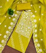 Women's mehandi thread embroidery chanderi cotton dress material