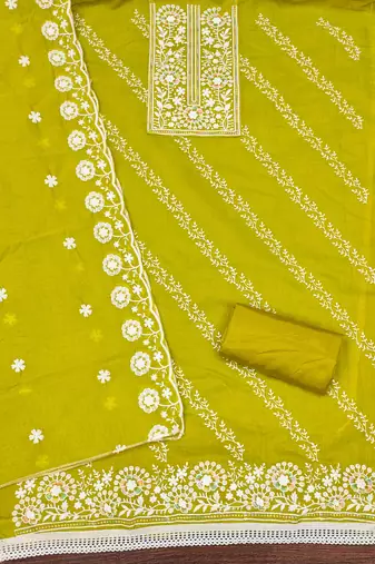 Women's mehandi thread embroidery chanderi cotton dress material