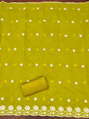 Women's mehandi thread embroidery chanderi cotton dress material 4