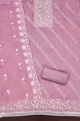 Women's pink thread embroidery chanderi cotton dress material 1
