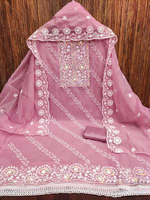Women's pink thread embroidery chanderi cotton dress material 2